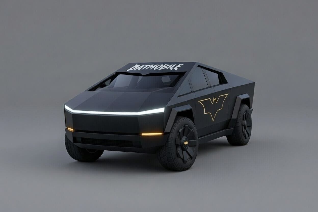 G-Force Ridez Batmobile — matte black Cybertruck with gold bat emblem