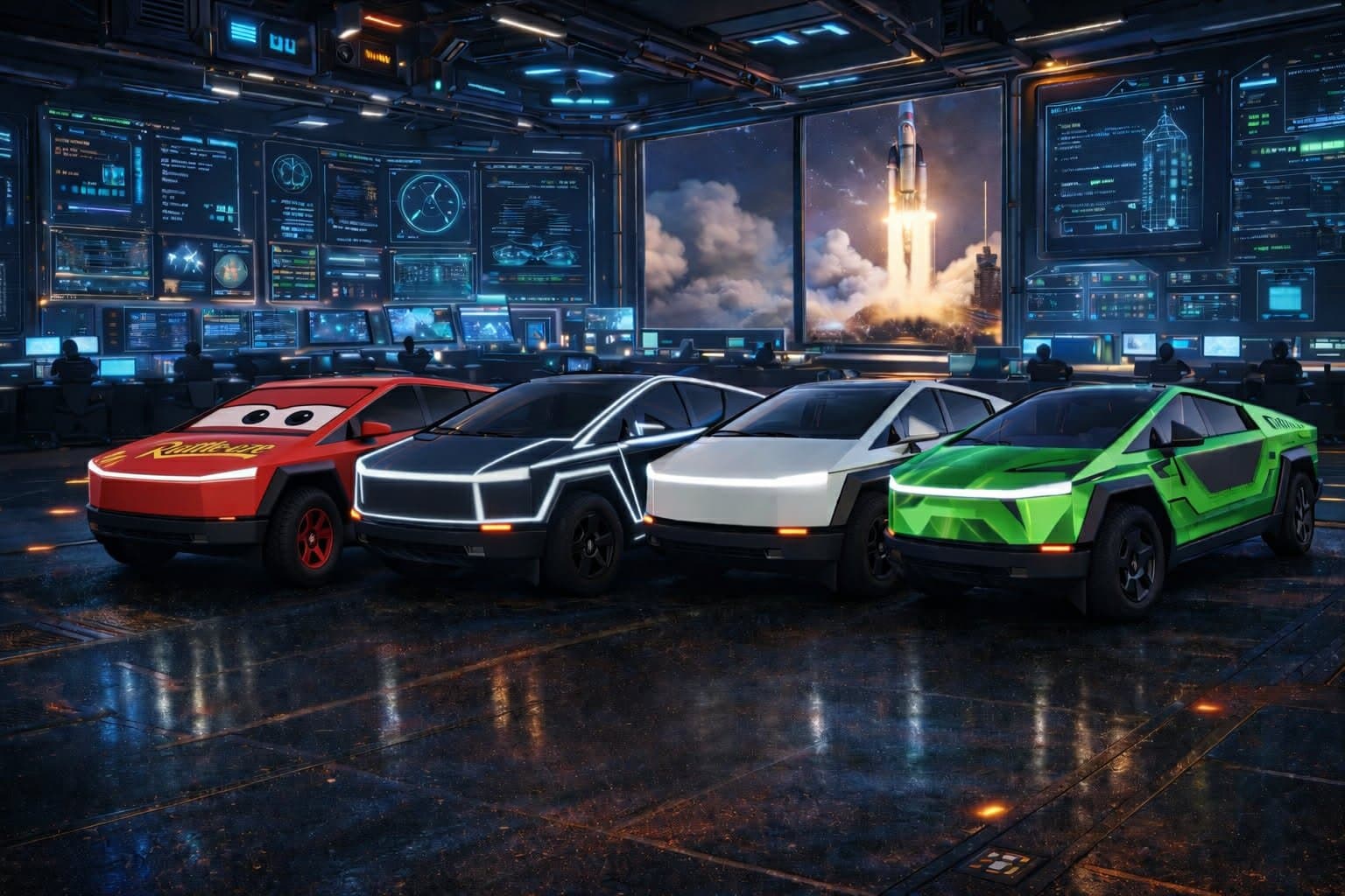 G-Force Ridez fleet — Lightning McQueen Cybertruck flanked by command-grade chrome, signature white, and electric-lime units inside the launch hangar